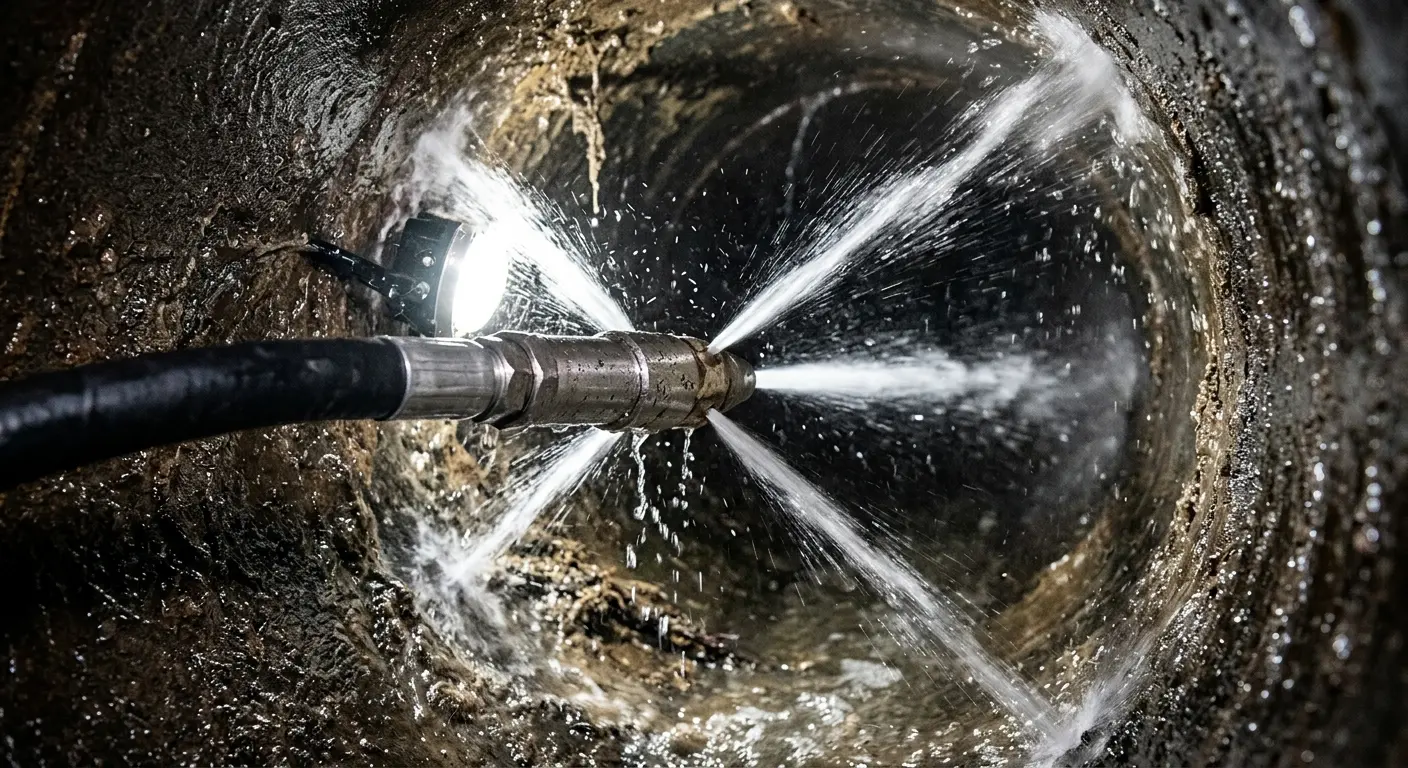 High-pressure hydro jetting nozzle cleaning sewer pipe for Sewer Cleanout in Clarksville