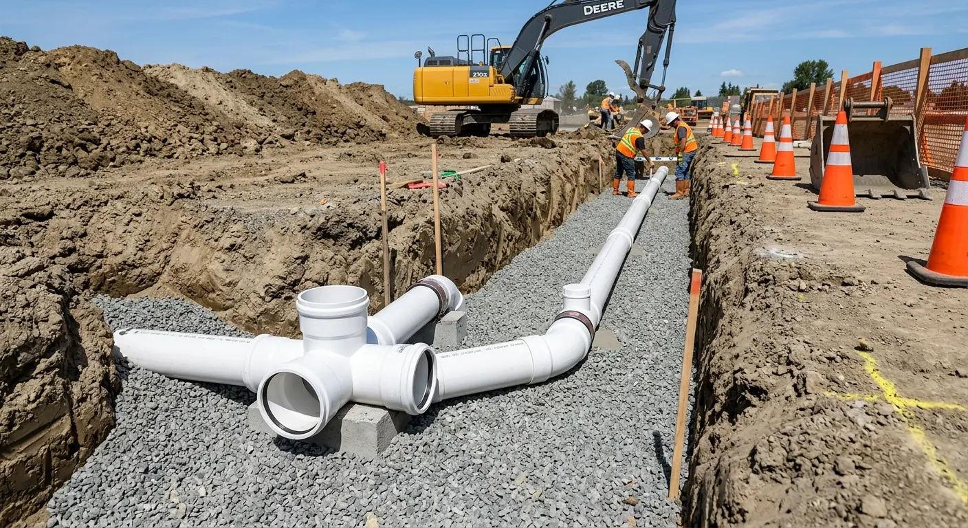 New PVC sewer pipe installation in open trench for Sewer Backup in Clarksville