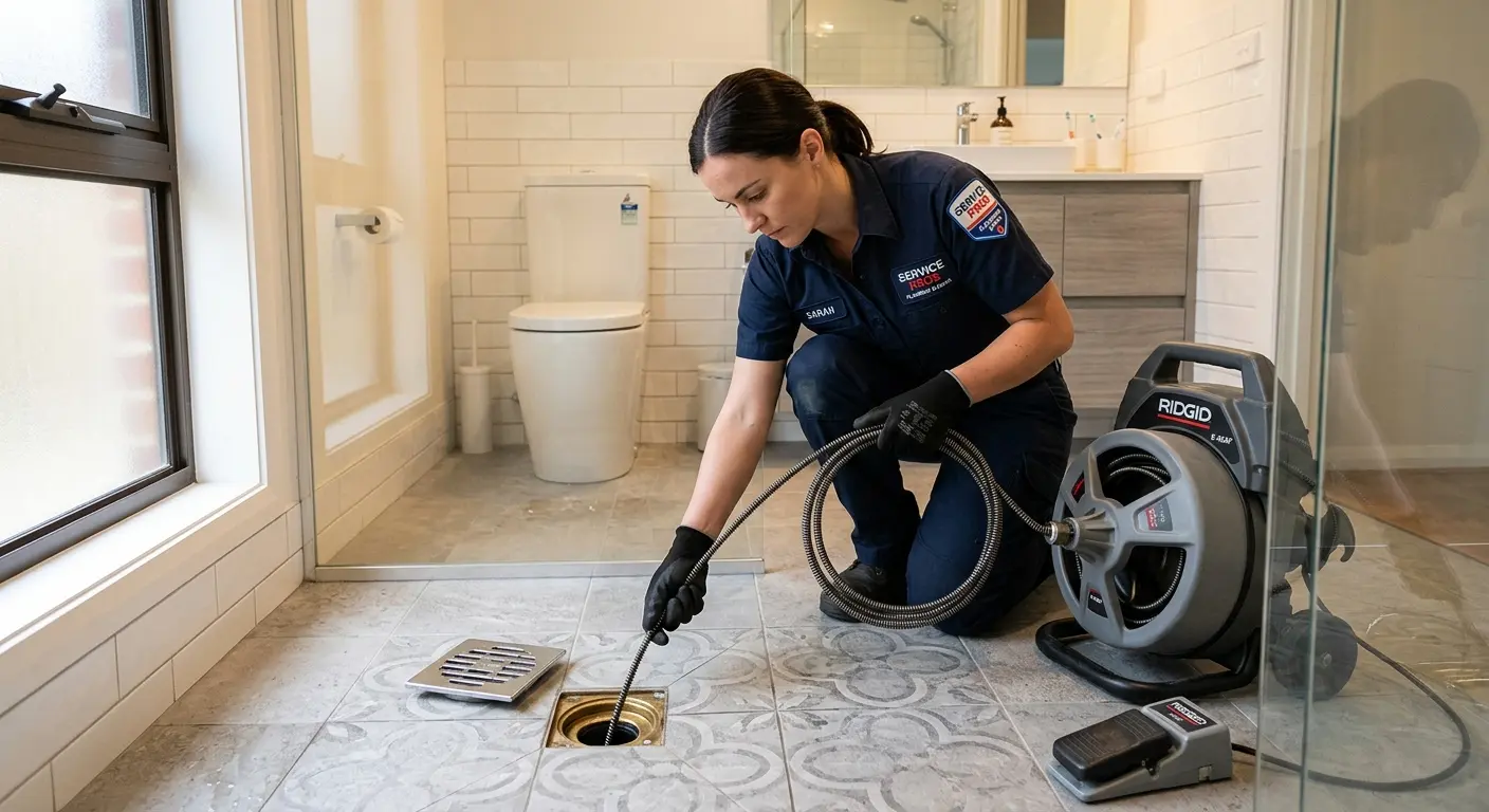 Technician clearing a bathroom floor drain for Drain Repair in Clarksville
